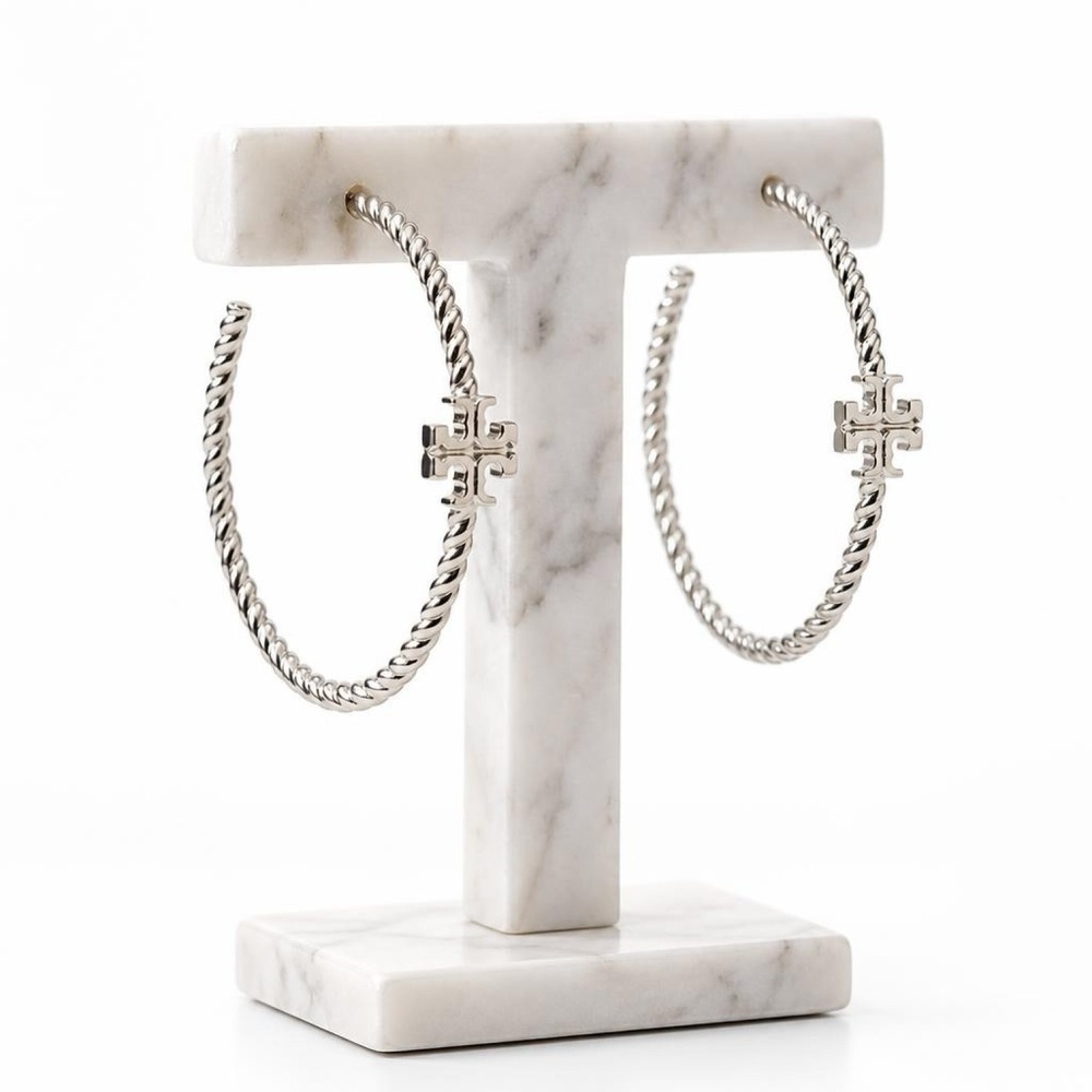 NWT Tory Burch Silver Textured Rope Hoop Earrings / Dustbag Included / MSRP $148
